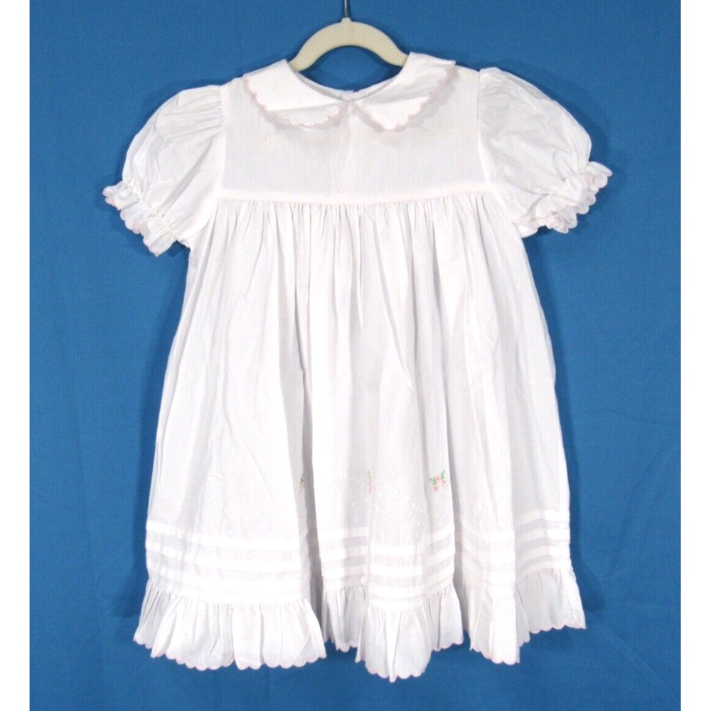 Vtg BAILEY BABIES White LIGHTWEIGHT TWILL Embroidered Rosettes RUFFLED Dress 4T